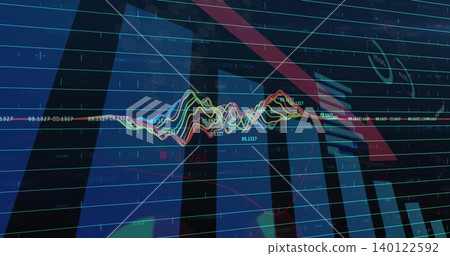 Displaying multicolor line plots tracing on trading screen, with bars, red arrow, numeric readouts Displaying multicolor line plots tracing on trading screen, with bars, red arrow, numeric readouts 140122592