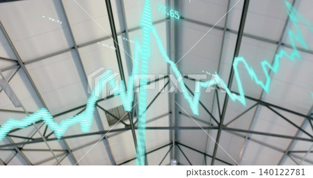 Floating teal line graph crossing pitched roof inside warehouse, showing steel trusses, ridge beam Floating teal line graph crossing pitched roof inside warehouse, showing steel trusses, ridge beam 140122781