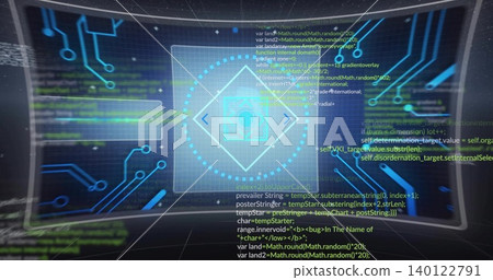 Displaying central hologram panel filling curved display, with diamond icon, dotted ring, code Displaying central hologram panel filling curved display, with diamond icon, dotted ring, code 140122791