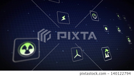 Displaying tiles on navy grid showing radioactive symbol left, glowing energy icons, copy space Displaying tiles on navy grid showing radioactive symbol left, glowing energy icons, copy space 140122794