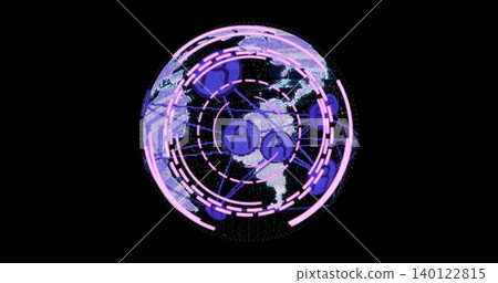 Spinning dotted globe floating against black void, showing magenta rings, node icons and links Spinning dotted globe floating against black void, showing magenta rings, node icons and links 140122815