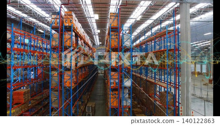 Displaying central aisle with blue frames and orange beams on pallet racking, waveform overlay Displaying central aisle with blue frames and orange beams on pallet racking, waveform overlay 140122863