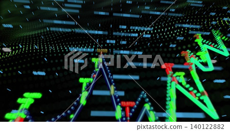 Displaying neon zigzag line chart moving across virtual trading dashboard, with glowing data nodes Displaying neon zigzag line chart moving across virtual trading dashboard, with glowing data nodes 140122882
