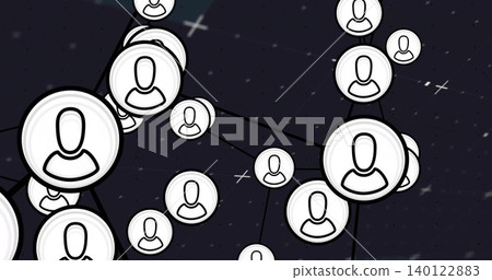 Connecting cluster of avatar badges forming network on dark starry background, with connector lines Connecting cluster of avatar badges forming network on dark starry background, with connector lines 140122883