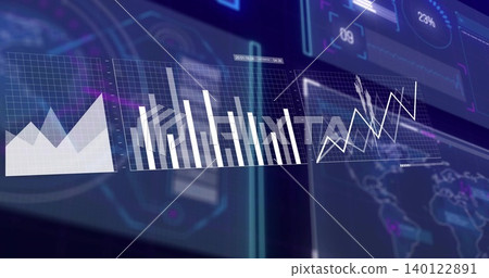 Displaying translucent dashboard panels across virtual command center, with area, bar, line charts 140122891