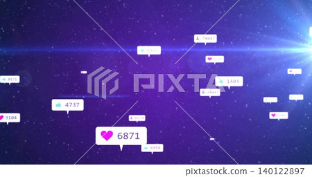 Floating magenta heart notification showing 6871 drifting in starfield with icons and lens flare Floating magenta heart notification showing 6871 drifting in starfield with icons and lens flare 140122897