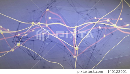 Displaying centered abstract network on digital display, showing glowing nodes, ribbons, mesh grid Displaying centered abstract network on digital display, showing glowing nodes, ribbons, mesh grid 140122901