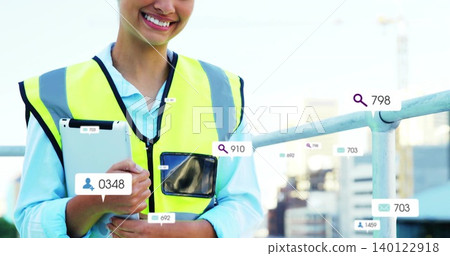 Inspecting roof woman neon yellow vest light blue shirt holding tablet clipboard icons, copy space Inspecting roof woman neon yellow vest light blue shirt holding tablet clipboard icons, copy space 140122918