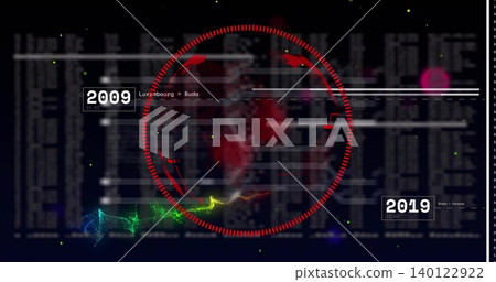 Animating red circular gauge centering onscreen data UI with timelines, showing boxed 2009 and 2019 Animating red circular gauge centering onscreen data UI with timelines, showing boxed 2009 and 2019 140122922