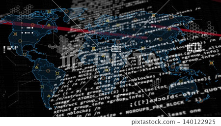 Displaying stylized world map centered in cyber dashboard, overlaying white code text with hexes Displaying stylized world map centered in cyber dashboard, overlaying white code text with hexes 140122925