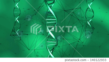 Floating central metallic DNA helix in 3D render, with two blurred helices, node network and labels Floating central metallic DNA helix in 3D render, with two blurred helices, node network and labels 140122933