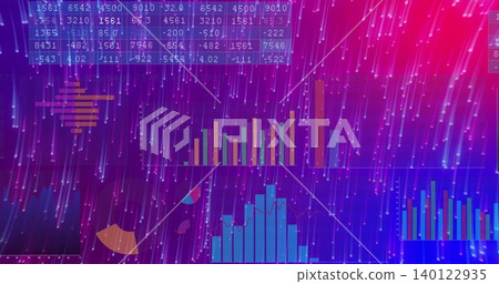 Animating central dashboard on neon gradient featuring numeric matrix bar charts pie light streaks 140122935