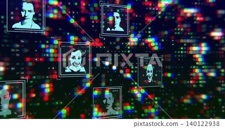 Displaying cyan halftone portrait tiles inside bounding boxes at data dashboard, with HUD readouts Displaying cyan halftone portrait tiles inside bounding boxes at data dashboard, with HUD readouts 140122938