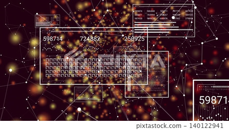 Displaying central translucent panel showing keyboard grid, numeric readouts on dark maroon field Displaying central translucent panel showing keyboard grid, numeric readouts on dark maroon field 140122941