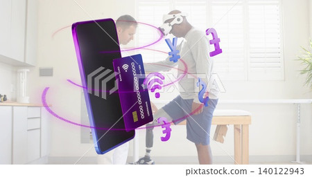 Balancing man wearing VR headset testing prosthetic in clinic, clinician white coat, phone-card art 140122943