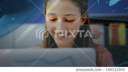 Smiling teenage female studying on laptop at cafe, with digital overlays, pink top, hoop earrings Smiling teenage female studying on laptop at cafe, with digital overlays, pink top, hoop earrings 140122945