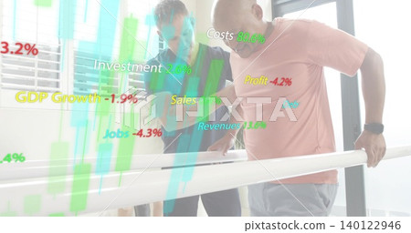 Walking senior on parallel bars in clinic PT in polo guiding smartwatch hologram finance charts Walking senior on parallel bars in clinic PT in polo guiding smartwatch hologram finance charts 140122946