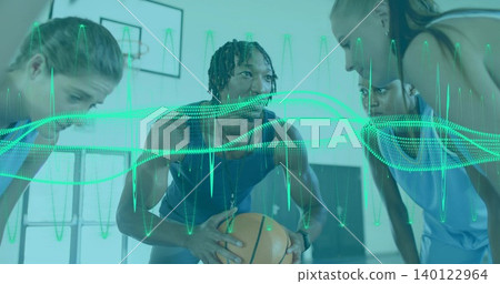 Holding basketball, center leading team on gym court in tanks and shorts, with waveform overlay Holding basketball, center leading team on gym court in tanks and shorts, with waveform overlay 140122964