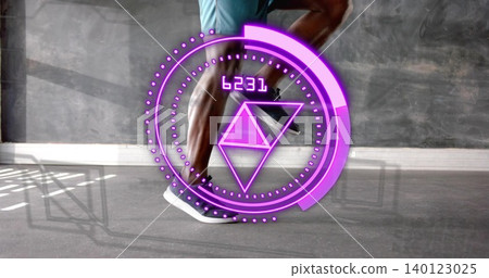 Doing lunge, athlete lowering on gym floor wearing black shorts and shoes with purple HUD overlay Doing lunge, athlete lowering on gym floor wearing black shorts and shoes with purple HUD overlay 140123025
