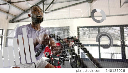 Pedaling man on exercise bike wearing light T-shirt and light shorts at gym, displaying HUD metrics Pedaling man on exercise bike wearing light T-shirt and light shorts at gym, displaying HUD metrics 140123026