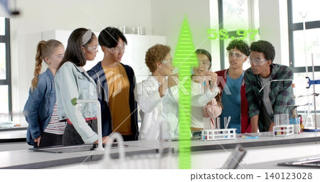 Watching instructor wearing white coat holding glass vial at school lab bench, goggles, AR overlay Watching instructor wearing white coat holding glass vial at school lab bench, goggles, AR overlay 140123028