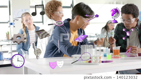Mixing students wearing goggles and casual clothes in school lab, using test tubes, purple AR icons Mixing students wearing goggles and casual clothes in school lab, using test tubes, purple AR icons 140123032