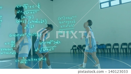 Training five athletes in blue basketball kits at school gym, with equations over left and bags Training five athletes in blue basketball kits at school gym, with equations over left and bags 140123033