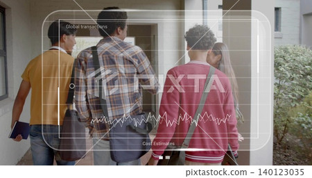 Walking four students in casual clothes carrying blue notebook and bags along corridor, HUD overlay Walking four students in casual clothes carrying blue notebook and bags along corridor, HUD overlay 140123035