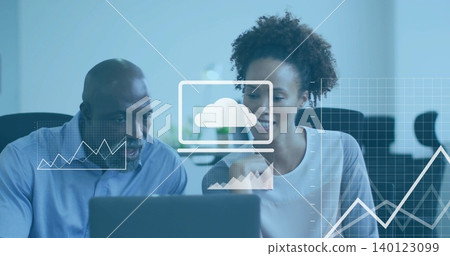 Leaning pair wearing blue shirt and light blouse analyzing laptop at office with cloud charts Leaning pair wearing blue shirt and light blouse analyzing laptop at office with cloud charts 140123099