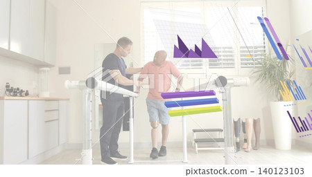 Clinician helping patient wearing pink polo shorts in clinic with prosthetic leg on bars, limb rack Clinician helping patient wearing pink polo shorts in clinic with prosthetic leg on bars, limb rack 140123103