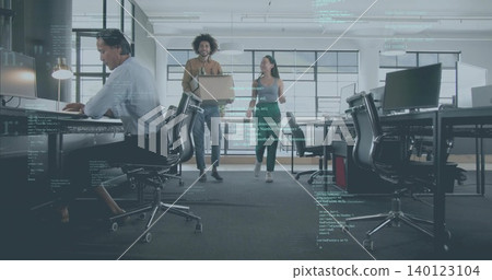 Walking colleagues in casual attire holding laptop, passing desks in office with code overlay Walking colleagues in casual attire holding laptop, passing desks in office with code overlay 140123104