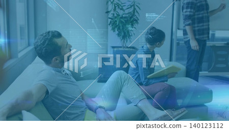 Reclining man wearing light shirt leaning on sofa, presenter writing at board, HUD, copy space Reclining man wearing light shirt leaning on sofa, presenter writing at board, HUD, copy space 140123112