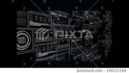 Displaying dense array of digital panels in virtual corridor, showing charts, gauges, connectors Displaying dense array of digital panels in virtual corridor, showing charts, gauges, connectors 140123199