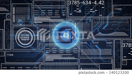 Displaying central glowing HUD with concentric rings on virtual UI showing waveforms and readouts Displaying central glowing HUD with concentric rings on virtual UI showing waveforms and readouts 140123200