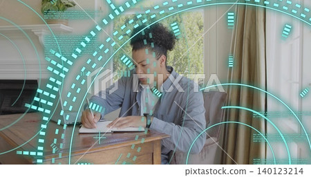 Sitting man wearing shirt, using pen in notebook at wooden desk near window, showing teal HUD Sitting man wearing shirt, using pen in notebook at wooden desk near window, showing teal HUD 140123214