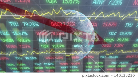 Showing translucent Earth globe centered on trading dashboard, featuring red arrow and neon tickers Showing translucent Earth globe centered on trading dashboard, featuring red arrow and neon tickers 140123230