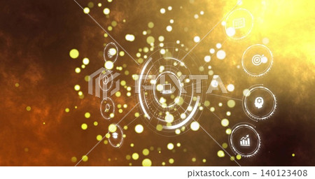 Projecting central HUD with laptop icon and rings in warm gradient backdrop, with nodes and bokeh Projecting central HUD with laptop icon and rings in warm gradient backdrop, with nodes and bokeh 140123408