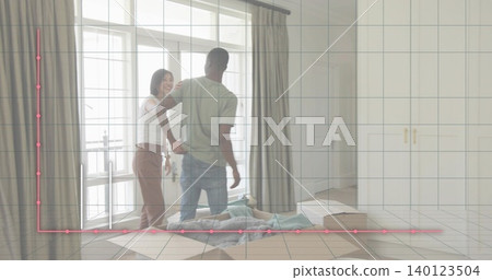 Standing casual couple touching shoulder by glass doors at home holding keys boxes pink line Standing casual couple touching shoulder by glass doors at home holding keys boxes pink line 140123504