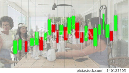 Chatting 5 people in summer clothes reaching around sunroom table, with phone and candlestick chart Chatting 5 people in summer clothes reaching around sunroom table, with phone and candlestick chart 140123505