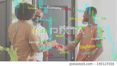 Shaking hands three men greeting at office foyer with glass door, plant, mask, finance charts Shaking hands three men greeting at office foyer with glass door, plant, mask, finance charts 140123508