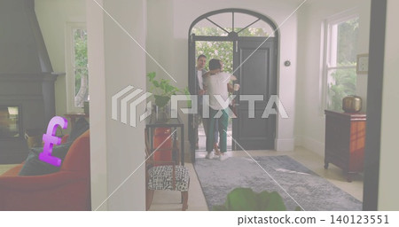 Hugging woman in white top green pants and arriving man at foyer, with open arched door Hugging woman in white top green pants and arriving man at foyer, with open arched door 140123551