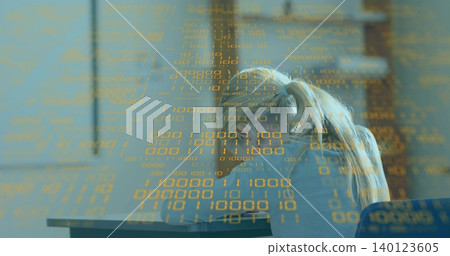 Leaning child with blonde ponytail resting head on desk in classroom, light sweater, binary overlay Leaning child with blonde ponytail resting head on desk in classroom, light sweater, binary overlay 140123605
