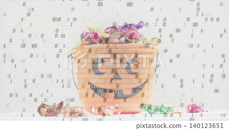 Sitting smiling pumpkin bucket spilling colorful foil candies on white backdrop, binary overlay Sitting smiling pumpkin bucket spilling colorful foil candies on white backdrop, binary overlay 140123651