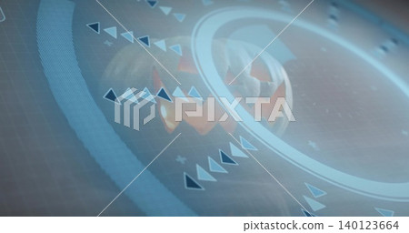 Glowing central sphere pulsing inside luminous ring on holographic dashboard, triangular chevrons Glowing central sphere pulsing inside luminous ring on holographic dashboard, triangular chevrons 140123664