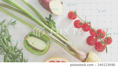 Displaying scallion bundle crossing white grid, with tomatoes, kiwi, citrus, rosemary, turnip Displaying scallion bundle crossing white grid, with tomatoes, kiwi, citrus, rosemary, turnip 140123690