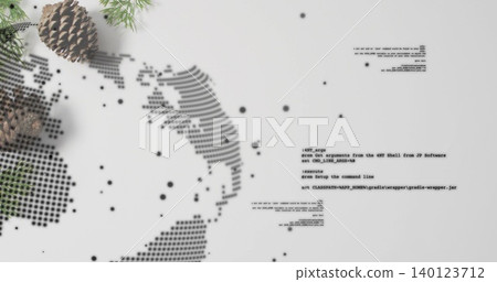 Displaying halftone globe, three pine cones, fir sprigs, particles on pale surface with code blocks Displaying halftone globe, three pine cones, fir sprigs, particles on pale surface with code blocks 140123712
