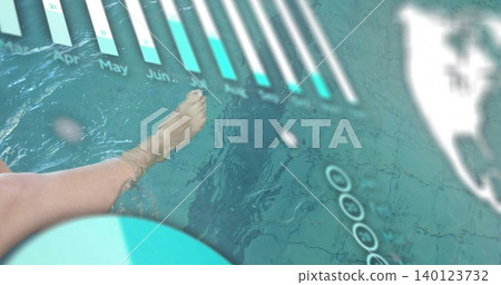 Floating barefoot left leg and foot creating ripples in pool, showing bar chart, icons, copy space Floating barefoot left leg and foot creating ripples in pool, showing bar chart, icons, copy space 140123732