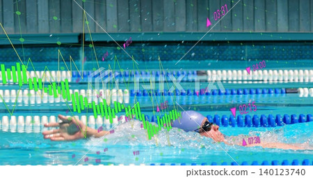 Swimming man wearing purple cap and goggles, cutting lane in pool with blue ropes, green overlay Swimming man wearing purple cap and goggles, cutting lane in pool with blue ropes, green overlay 140123740