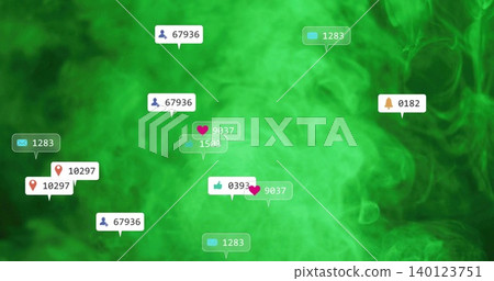 Floating cluster of social alert bubbles drifting on digital green vapor backdrop, showing counters Floating cluster of social alert bubbles drifting on digital green vapor backdrop, showing counters 140123751