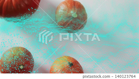 Showing four whole oranges sitting on studio tabletop, displaying cyan teal particle cloud and mesh Showing four whole oranges sitting on studio tabletop, displaying cyan teal particle cloud and mesh 140123764